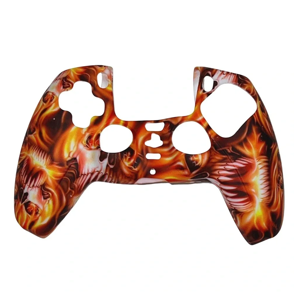 PS5 DualSense Controller Silicone Skin Case Fire Skull Design 10 Thumb Grips